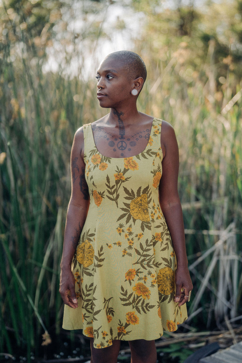 Delana Dress in Mustard Marigold Linen Field Day